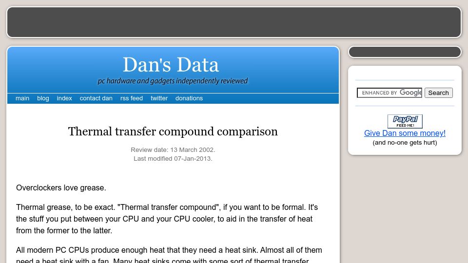 Screenshot of dansdata.com: Thermal transfer compound comparison (2002)