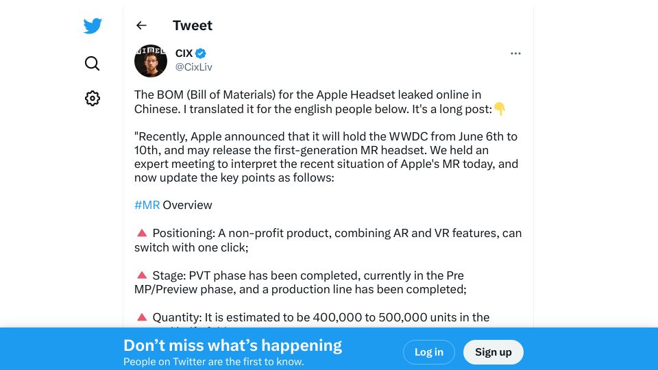 Screenshot of twitter.com: The bill of materials for the Apple headset leaked