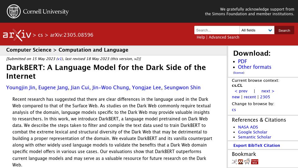 Screenshot of arxiv.org: DarkBERT: A Language Model for the Dark Side of the Internet