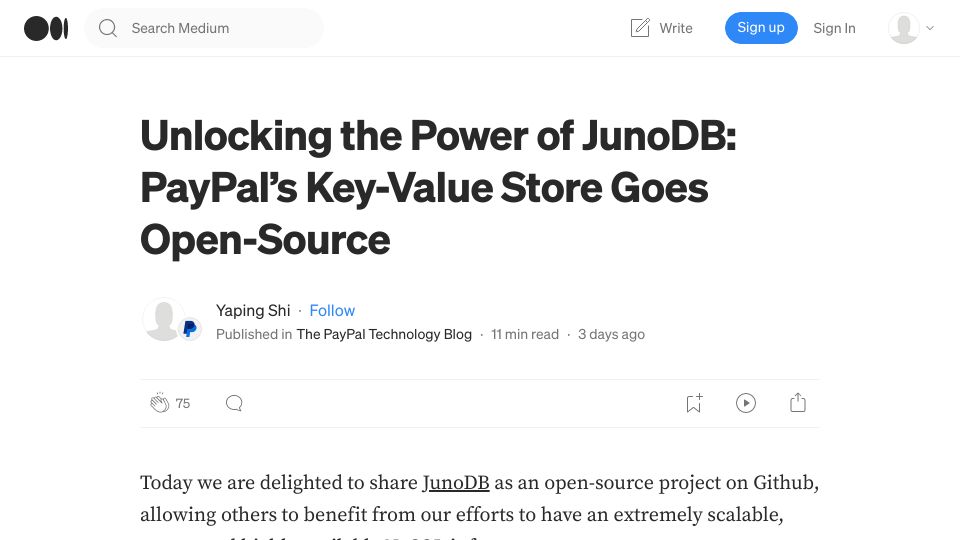 Screenshot of medium.com: JunoDB: PayPal’s Key-Value Store Goes Open-Source