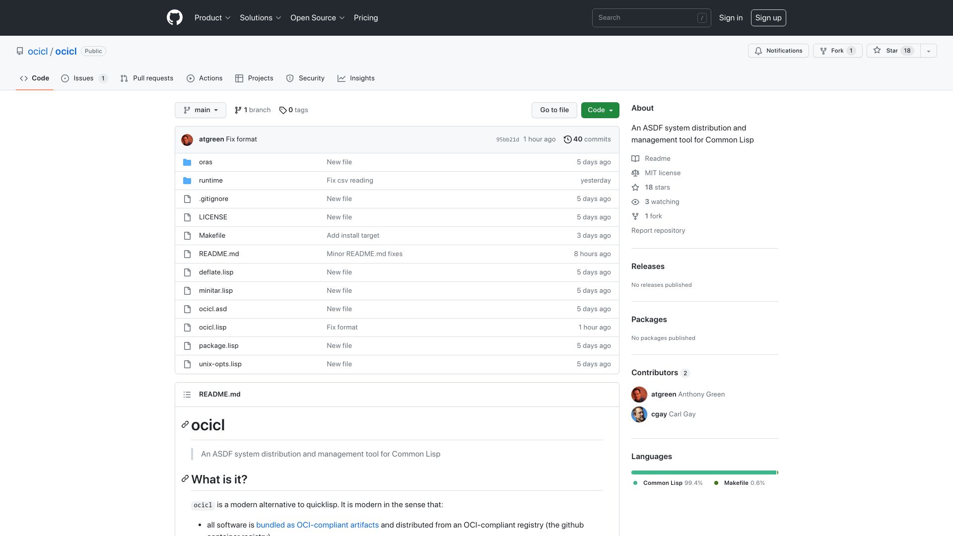 Screenshot of github.com: Ocicl – An ASDF system distribution and management tool for Common Lisp
