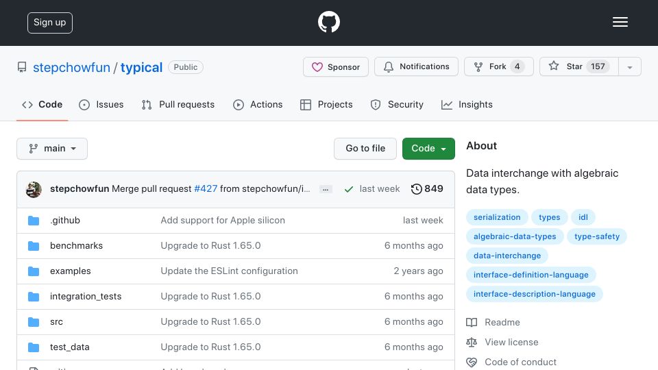 Screenshot of github.com: Typical: Data interchange with algebraic data types
