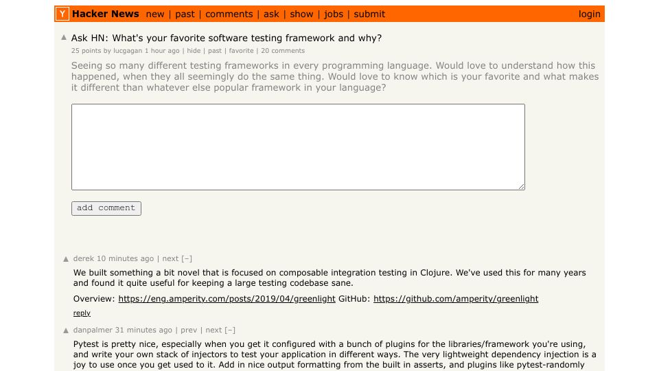 Screenshot of Hacker News post: Ask HN: What's your favorite software testing framework and why?