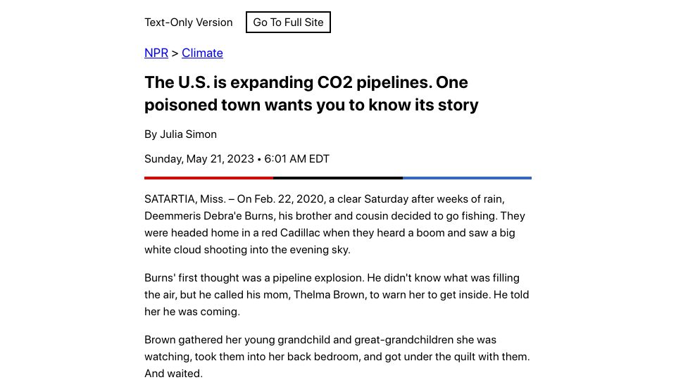 Screenshot of text.npr.org: US is expanding CO2 pipelines. One poisoned town wants you to know its story