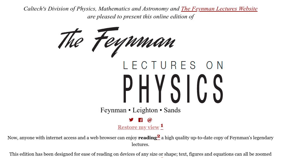Screenshot of feynmanlectures.caltech.edu: Feynman Lectures on Physics (1964)