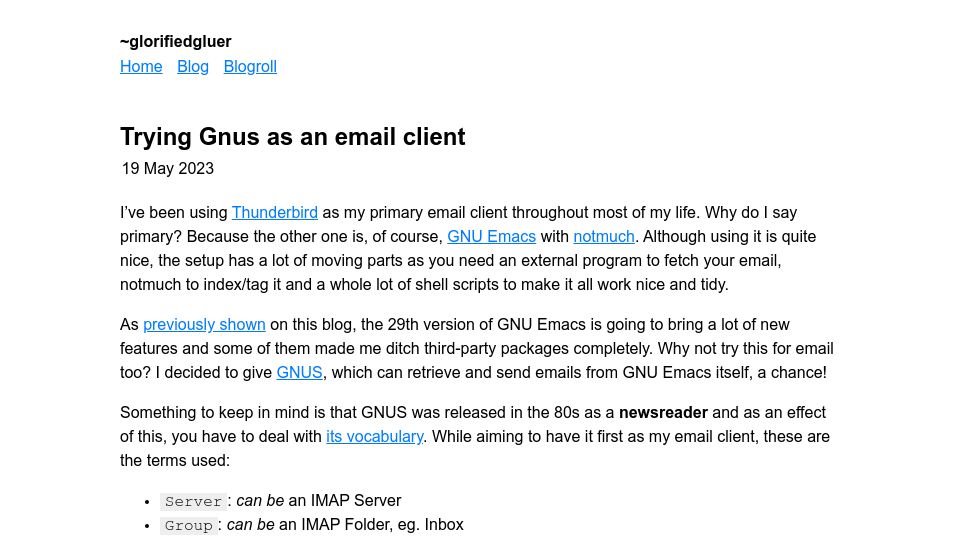 Screenshot of gluer.org: Trying Gnus as an Email Client