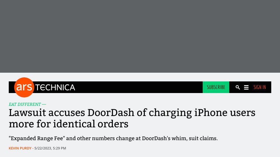 Screenshot of arstechnica.com: Lawsuit accuses DoorDash of charging iPhone users more than others