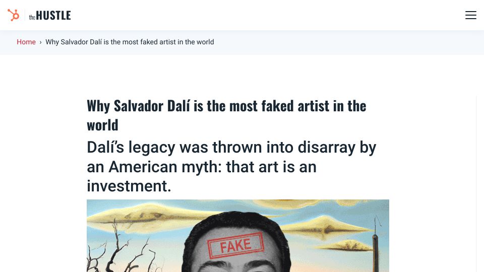 Screenshot of thehustle.co: Salvador Dalí is the most faked artist?