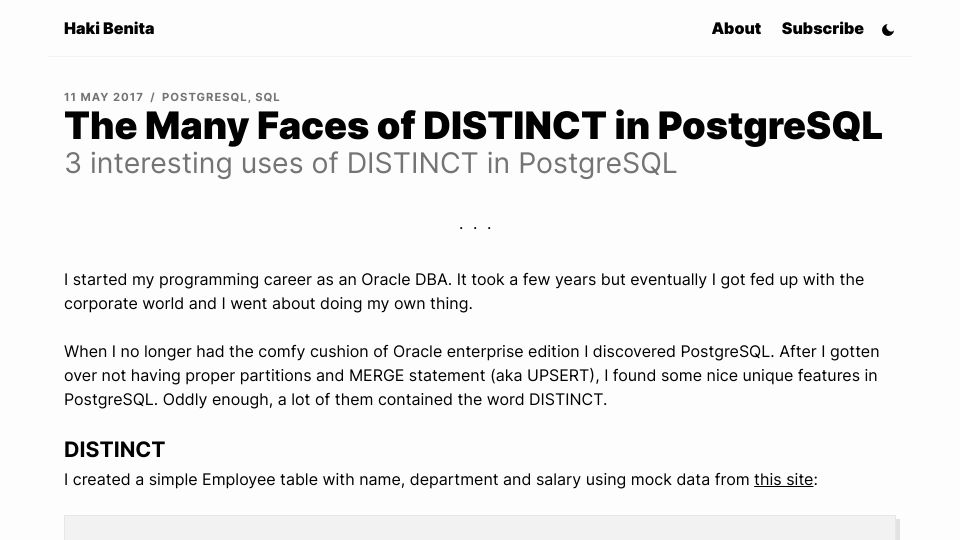 Screenshot of hakibenita.com: The many faces of DISTINCT in Postgres (2017)