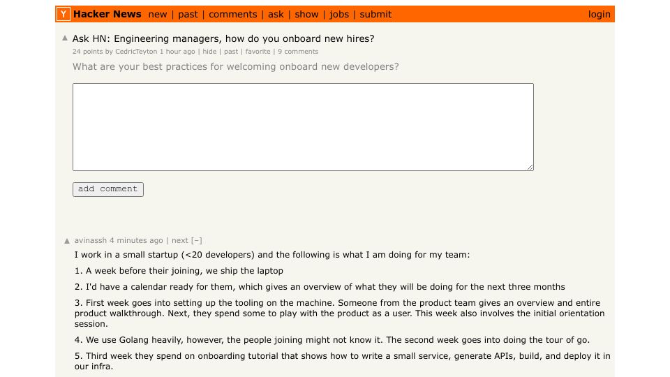 Screenshot of Hacker News post: Ask HN: Engineering managers, how do you onboard new hires?
