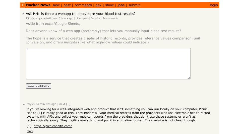 Screenshot of Hacker News post: Ask HN: Is there a webapp to input/store your blood test results?
