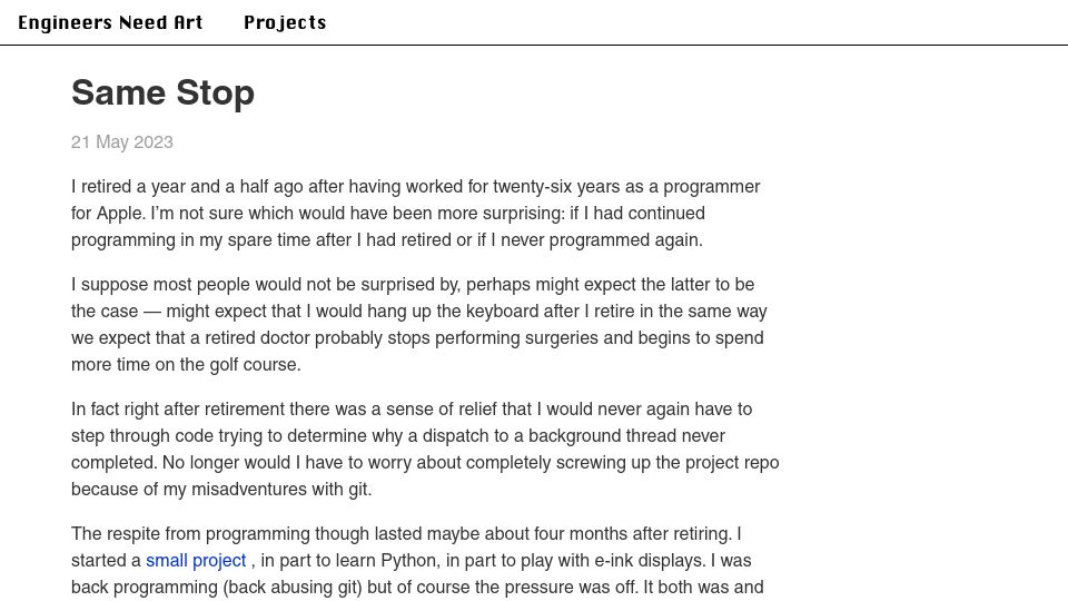 Screenshot of engineersneedart.com: Same Stop: Life after 26 years as a programmer for Apple