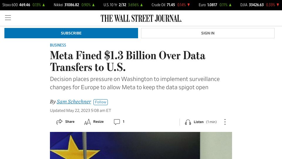 Screenshot of wsj.com: Meta fined $1.3B over data transfers to U.S.