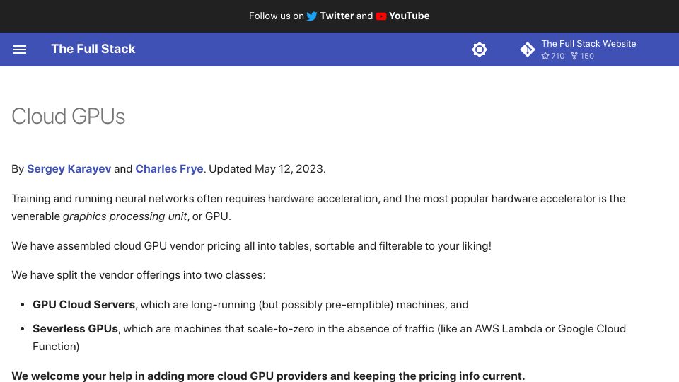 Screenshot of fullstackdeeplearning.com: Cloud GPU Resources and Pricing