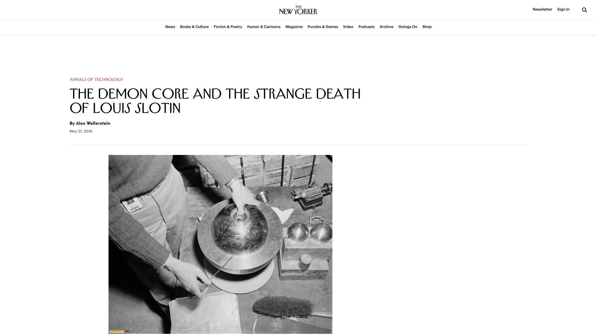 Screenshot of newyorker.com: The Demon Core and the Strange Death of Louis Slotin (2016)