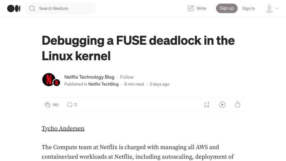 Screenshot of netflixtechblog.com: Debugging a FUSE deadlock in the Linux kernel at Netflix