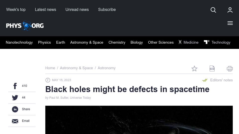 Screenshot of phys.org: Black holes might be defects in spacetime
