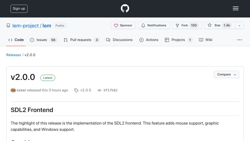 Screenshot of github.com: Lem v2.0.0 – Common Lisp IDE with high expansibility