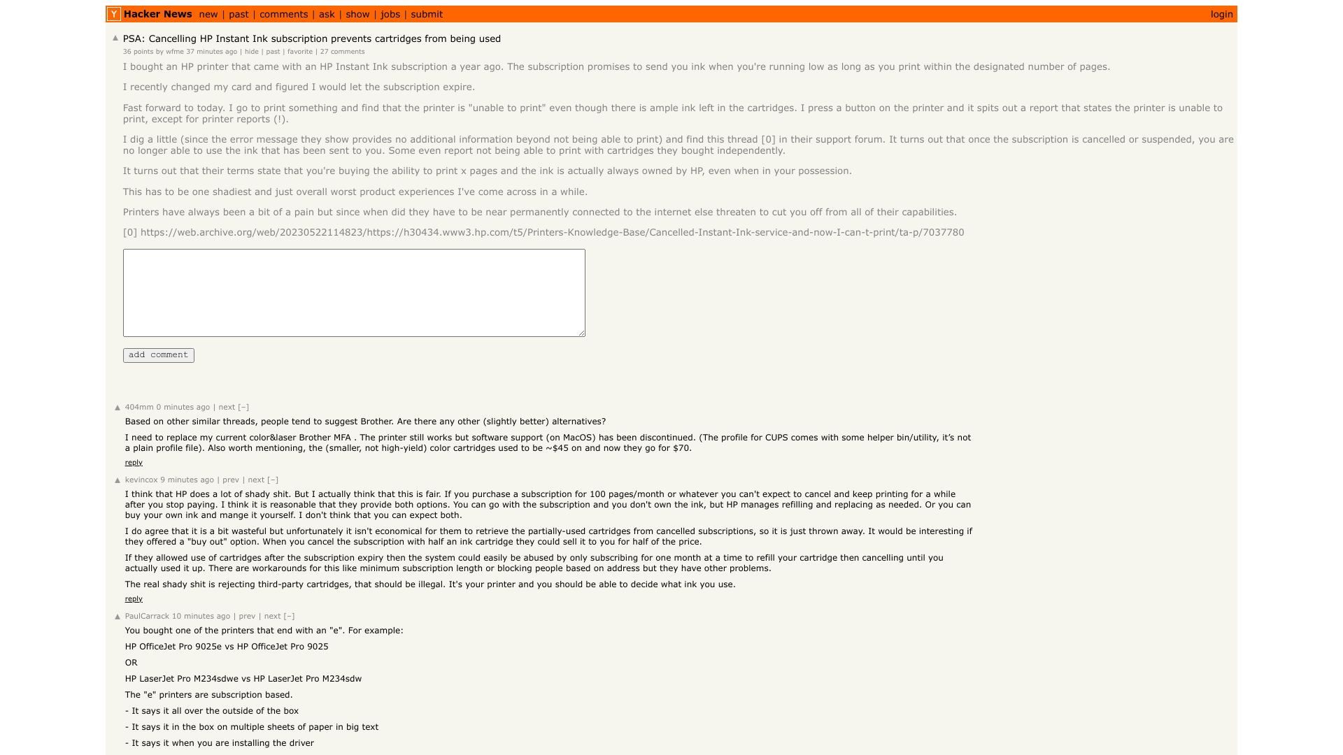 Screenshot of this Hacker News post: Tell HN: Cancelling HP Instant Ink prevents cartridges from being used