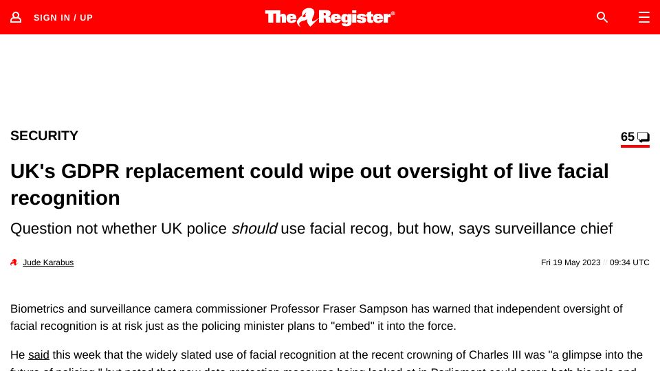 Screenshot of theregister.com: UK’s GDPR replacement could wipe out oversight of live facial recognition