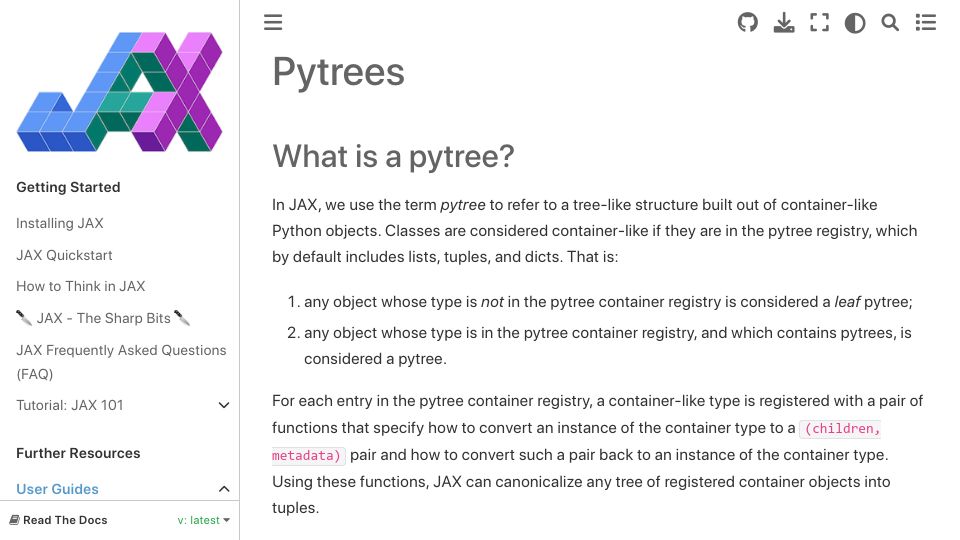 Screenshot of jax.readthedocs.io: Pytrees