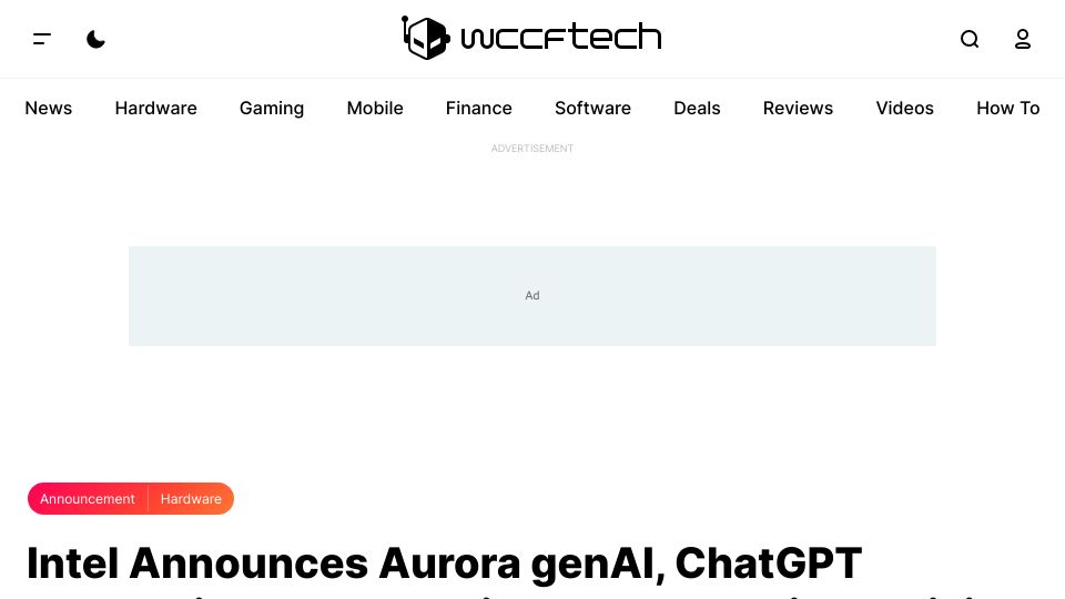 Screenshot of wccftech.com: Intel Announces Aurora GenAI, ChatGPT Competitor with 1T Parameters