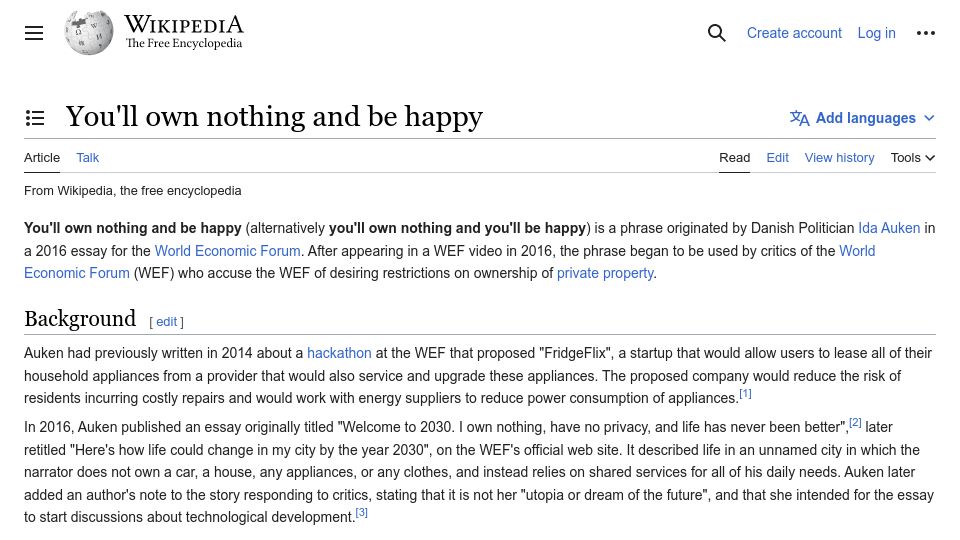 Screenshot of en.wikipedia.org: You'll own nothing and be happy