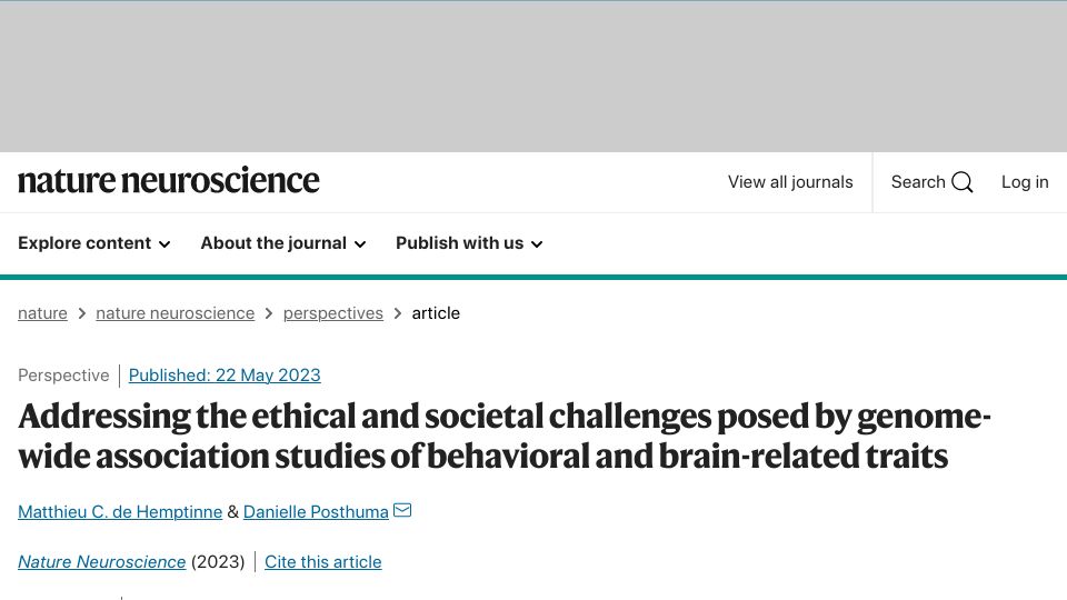 Screenshot of nature.com: Ethical, societal implications of genome-wide behavioral, brain-related traits