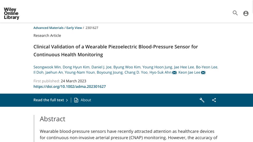 Screenshot of onlinelibrary.wiley.com: Clinical validation of a blood-pressure sensor for continuous health monitoring