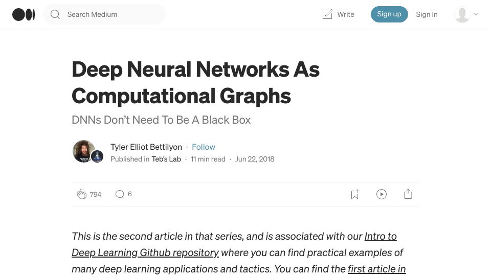 Screenshot of medium.com: Deep neural networks as computational graphs (2018)