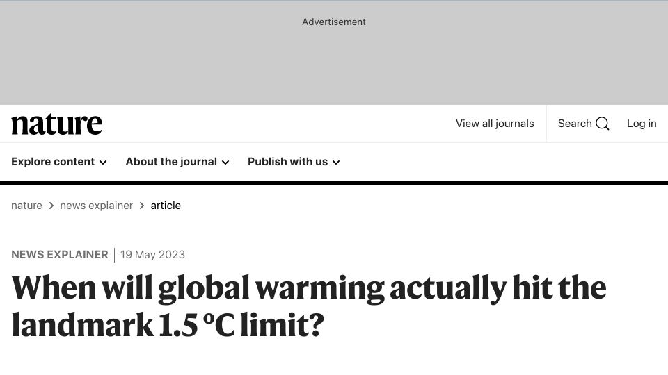 Screenshot of nature.com: When will global warming hit the landmark 1.5 ºC limit?