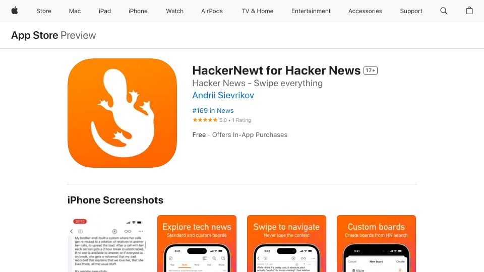 Screenshot of apps.apple.com: Show HN: I made an iOS HN app to navigate large threads without getting lost