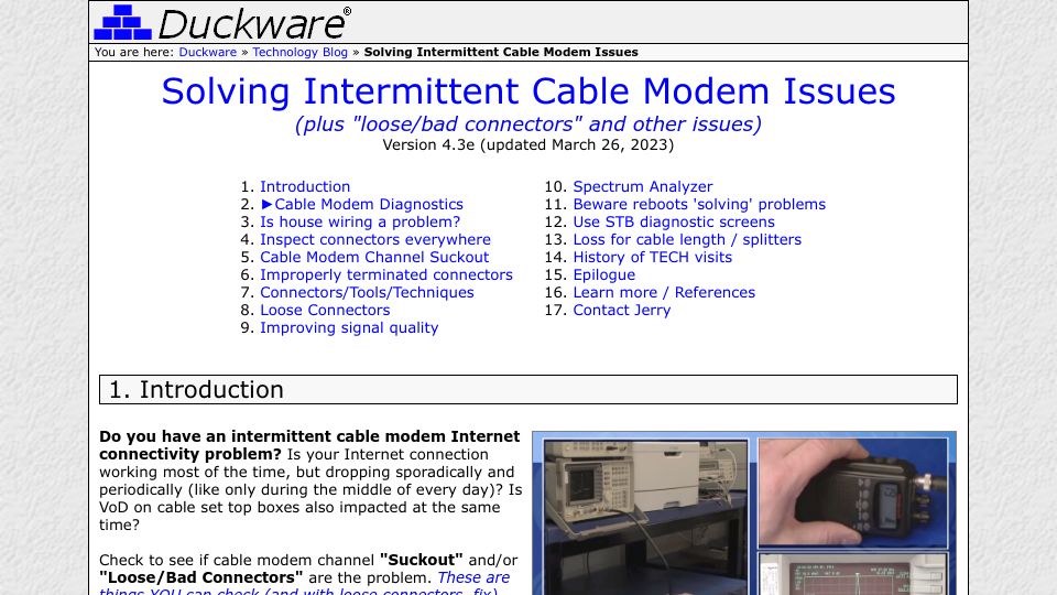 Screenshot of duckware.com: Solving Intermittent Cable Modem Issues