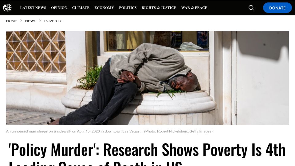 Screenshot of commondreams.org: Poverty Is the 4th Leading Cause of Death in the US, Research Shows
