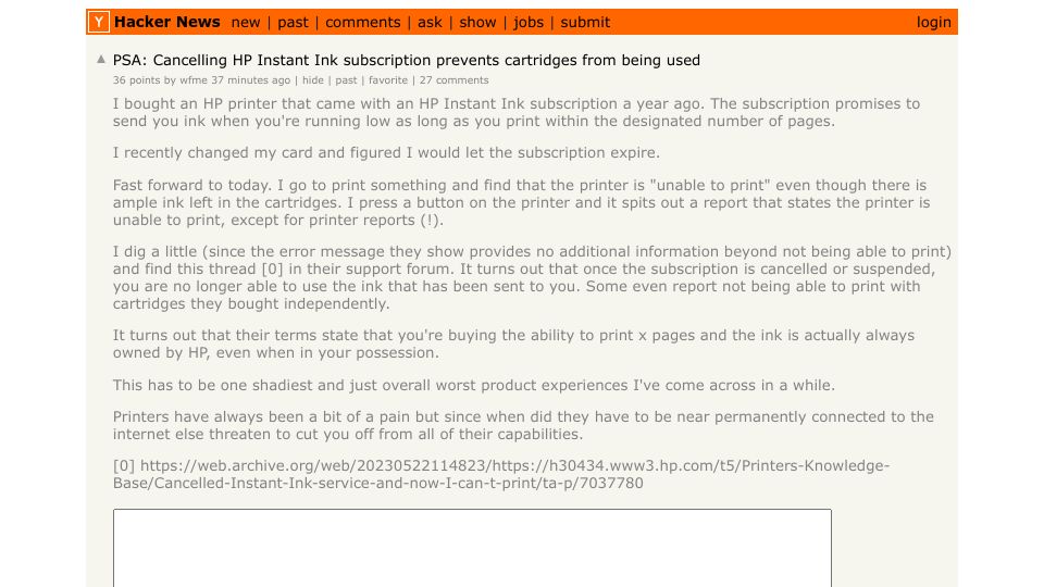 Screenshot of Hacker News post: Tell HN: Cancelling HP Instant Ink prevents cartridges from being used