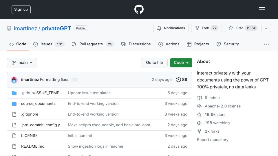 Screenshot of github.com: PrivateGPT