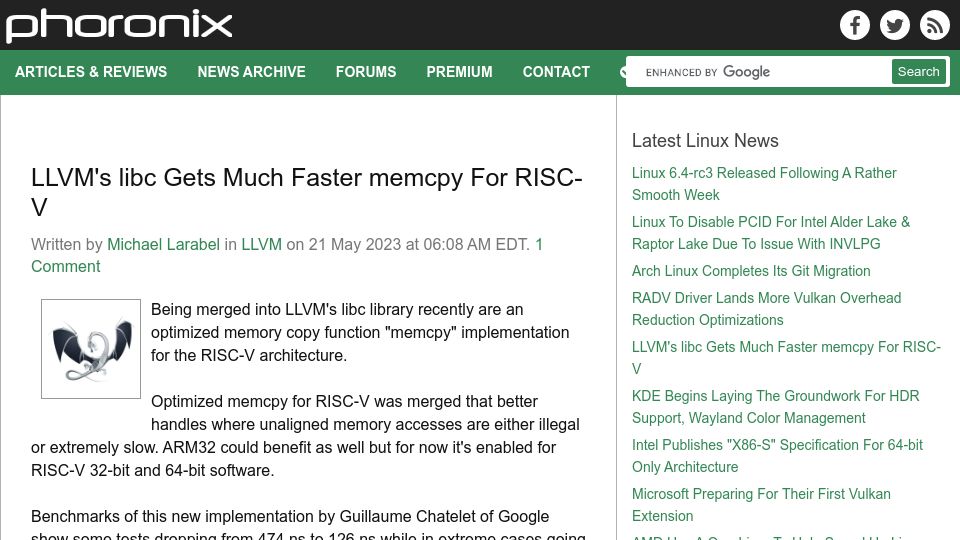 Screenshot of phoronix.com: LLVM's Libc Gets Much Faster memcpy For RISC-V