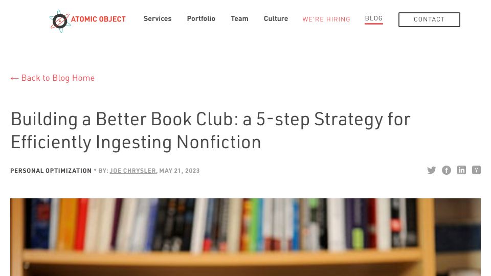 Screenshot of spin.atomicobject.com: Building a Better Book Club: A Strategy for Efficiently Ingesting Nonfiction