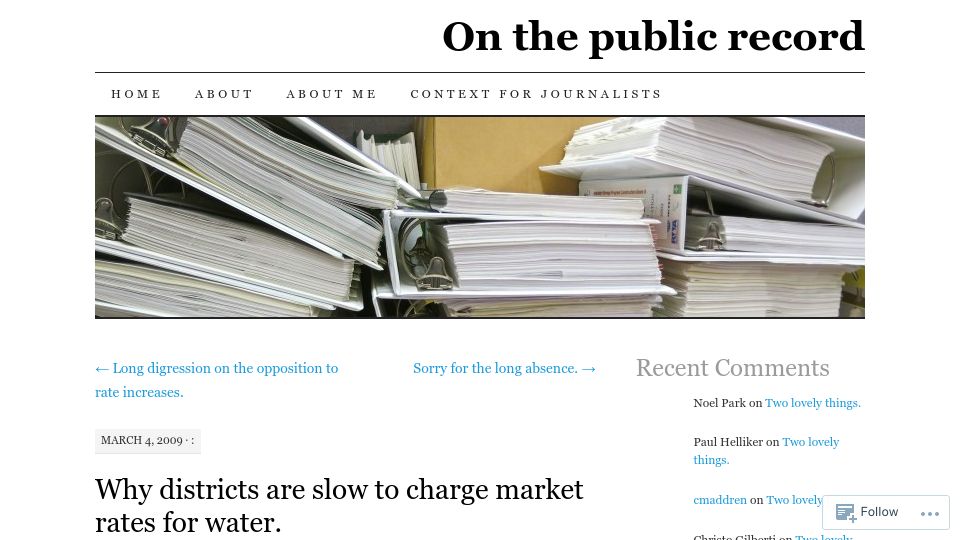 Screenshot of onthepublicrecord.org: Why districts are slow to charge market rates for water (2009)