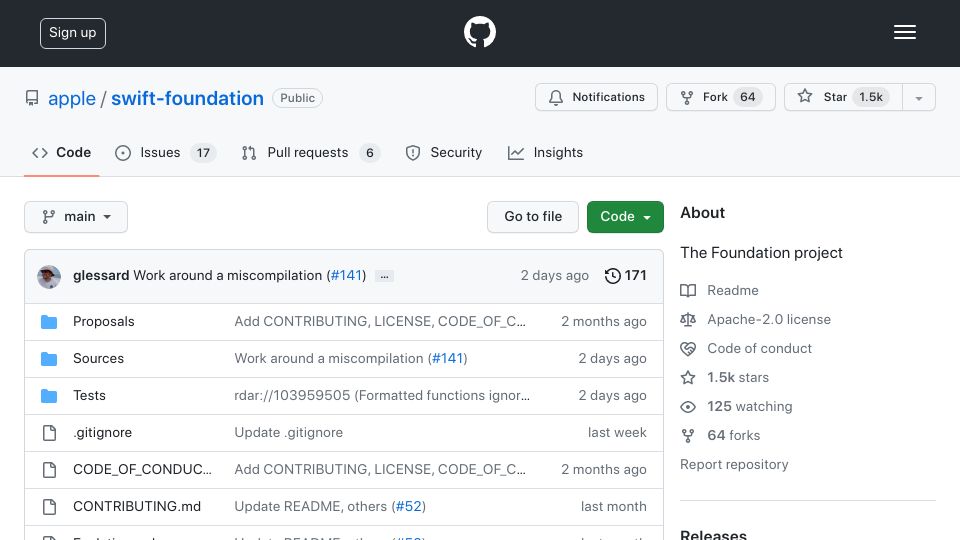 Screenshot of github.com: Apple is rewriting Foundation in Swift