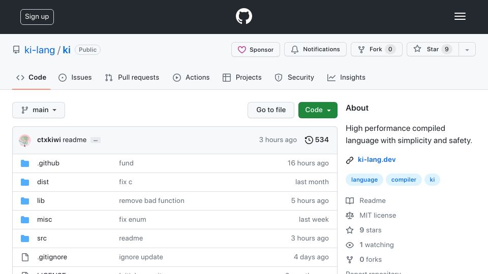 Screenshot of github.com: Show HN: Ki Programming Language