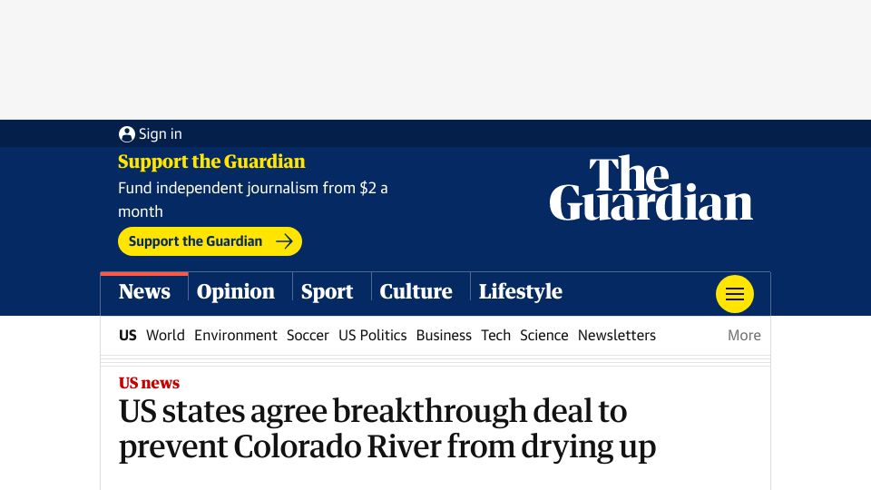Screenshot of theguardian.com: Breakthrough deal to prevent Colorado River from drying up