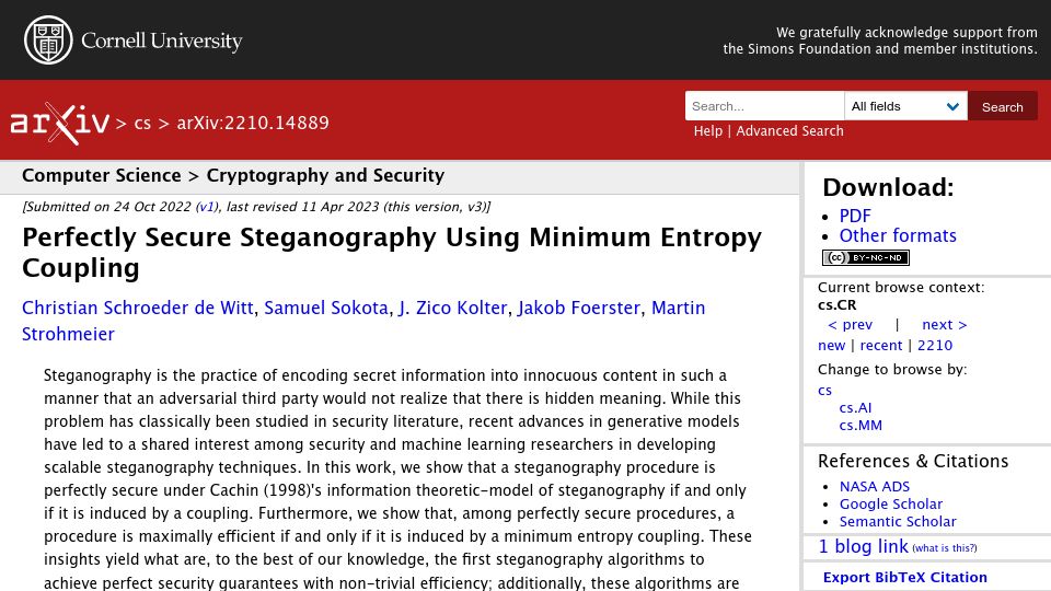 Screenshot of arxiv.org: Perfectly secure steganography using minimum entropy coupling