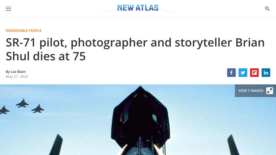 Screenshot of newatlas.com: SR-71 pilot, photographer and storyteller Brian Shul dies at 75