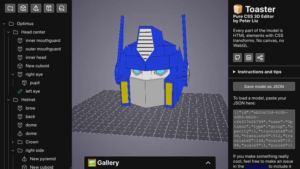 Screenshot of petertyliu.github.io: Toaster: Pure CSS 3D Editor