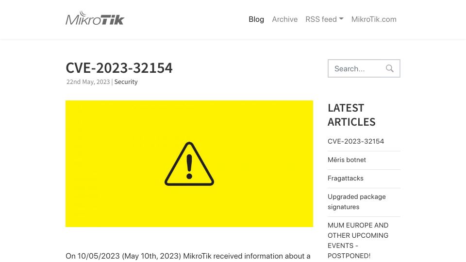 Screenshot of blog.mikrotik.com: RCE on MikroTik routers with IPv6 RA enabled