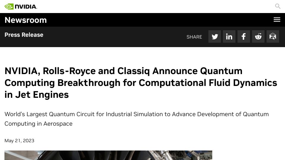 Screenshot of nvidianews.nvidia.com: Nvidia, Rolls-Royce Announce Quantum Computing Breakthrough for CFD in Jets