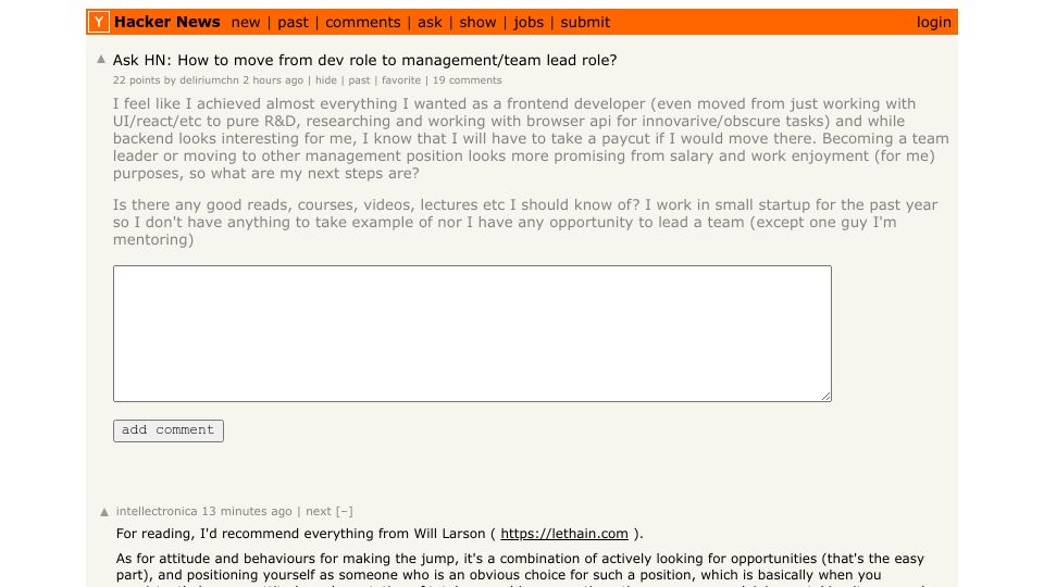 Screenshot of Hacker News post: Ask HN: How to move from dev role to management/team lead role?