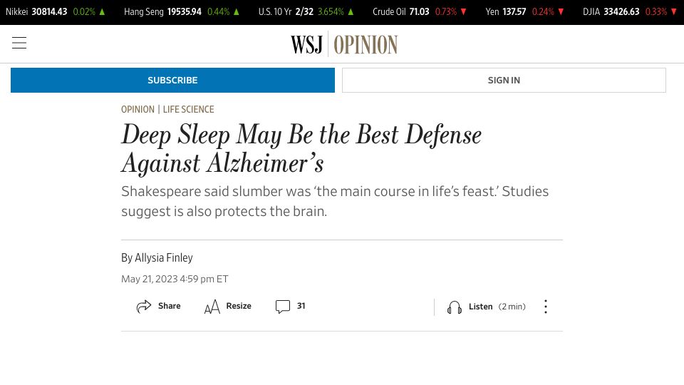 Screenshot of wsj.com: Deep sleep may be the best defense against Alzheimer’s