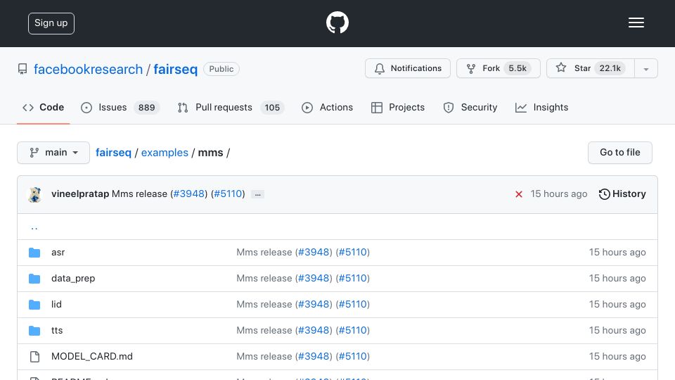 Screenshot of github.com: Meta AI announces Massive Multilingual Speech code,  models for 1000+ languages
